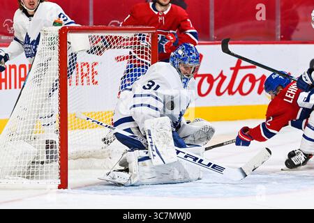 10. Februar 2021: Frederik Andersen (31), der Torwart der Toronto Maple Leafs, gewinnt im Bell Centre in Montreal, Quebec, beim Spiel der Toronto Maple Leafs gegen die Montreal Canadiens. David Kirouac/CSM(Credit Image: &Copy; David Kirouac/CSM via ZUMA Wire) Stockfoto