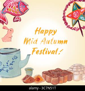 Happy Mid Autumn Festival Aquarellbanner. Stern- und Fischlaternen, Tee, Mondkuchen, süße Kaninchen Aquarellelemente. Niedlicher süßer rosa Hintergrund für Stock Vektor