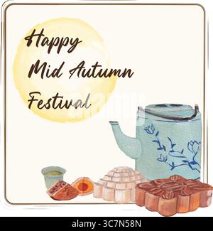 Fahnenbanner für das Festival Mitte Herbst. Aquarellstriche, Teekanne mit Mondkuchen-Illustration. Orientalisches traditionelles Kulturerbe. Vietnam, Chinesisch, Taiwan Stock Vektor