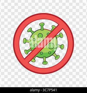 Kein Virus-Cartoon-Symbol mit grüner Mikrobe und rotem Prohibition-Symbol auf transparentem Hintergrund Stock Vektor