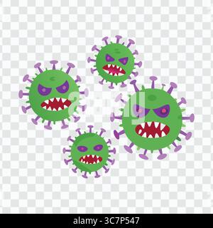 Satz von Angry Green Cartoon Viren mit violetten Spitzen und bösen Gesichtern auf transparentem Hintergrund Stock Vektor