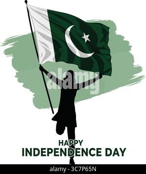 Eine lebendige grafische Illustration zum Unabhängigkeitstag mit einer Silhouette einer Person, die stolz die Flagge Pakistans hält. Stock Vektor