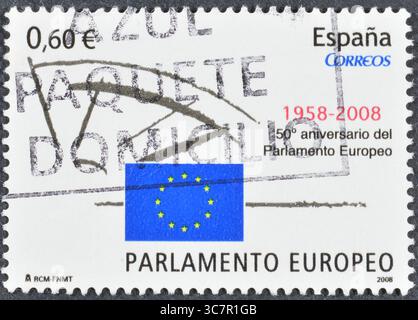 Gestempelte Briefmarke, gedruckt von Spanien, die 50. Jahrestag des Europäischen Parlaments um 2008 feiert. Stockfoto