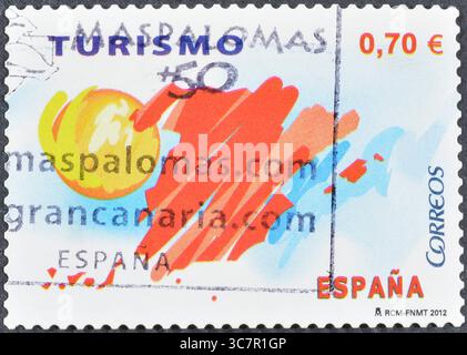 Gestempelte Briefmarke von Spanien, die den spanischen Tourismus fördert, um 2012. Stockfoto