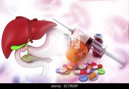 Anatomie der Leber mit der pharmazeutischen Medizin. Glasflasche, Tabletten und eine Spritze. 3D-Abbildung Stockfoto