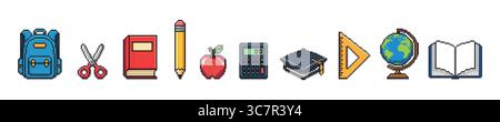 Set von Schulen liefert Symbole im Pixelstil, Objekte, 8 Bit, auf weißem Hintergrund. Stock Vektor