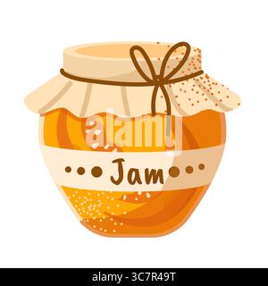 Illustration der Kürbismarmelade in einem Glasgefäß mit Kürbisstücken. Dessert-Design-Element in flachem Stil. Stock Vektor