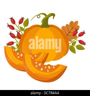 Illustration von Orangenkürbis mit Kürbisstücken mit Samen. Herbsternte. Frisches Gemüse in flacher Form. Für Halloween und Thanksgiving Design. Stock Vektor