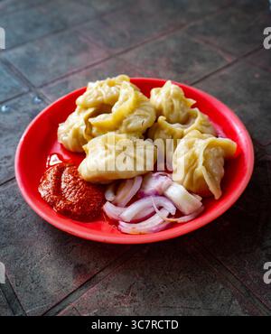 Hot Momos serviert mit scharfem Red Chutney an einem Straßenstand in Dehradun, Indien Stockfoto