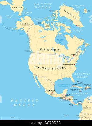 Nordamerika, politische Karte mit den Grenzen von staaten, Provinzen und Territorien Kanadas, USA und Mexiko. Stockfoto