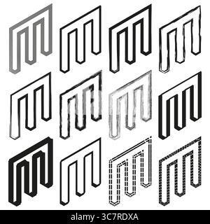 Isometrisches M-Symbol. Fettgedruckte Buchstabenform. Geometrischer Monogrammvektor. Stilisiertes Schriftdesign. EPS 10. Stock Vektor