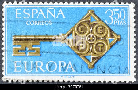 Gestempelte Briefmarke, gedruckt von Spanien, die Europa (C.E.P.T.) 1968 - Schlüssel zeigt, um 1968. Stockfoto