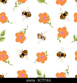 Nahtloses Aquarellmuster mit Hummeln, orangefarbenen Blumen und grünen Blättern. Helles und fröhliches Design, ideal für Projekte im Frühjahr und Sommer Stockfoto