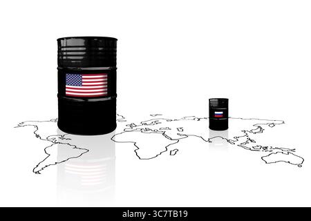 Rohölfässer mit US- und Russland-Flaggen auf weißem Hintergrund. Sanktionen und Embargo für Russland. Stockfoto