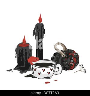 Halloween Dunkle ästhetische Komposition mit schwarzem warzendem Kürbis, rotem Frosch, Becher mit einem Getränk und gruseligen schwarzen schmelzenden Kerzen. Vektorherbst Stock Vektor