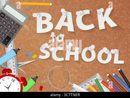 Eine lebendige Illustration mit dem Text „Back to School“ auf einer Korkplatte, umgeben von verschiedenen Schulmaterialien. Die Szene enthält eine Berechnung Stock Vektor