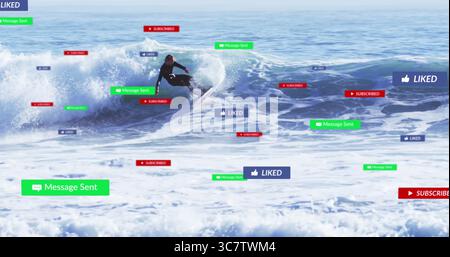 Einsamer Surfer in schwarzem Neoprenanzug, Surfbrett auf Meereswellen mit Schaum, Social-Media-Ikonen Stockfoto