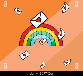 Liebesbriefe, die um einen Regenbogen schweben, vermitteln Zuneigung und Romantik Stock Vektor