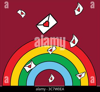 Liebesbriefe, die um einen Regenbogen schweben, vermitteln Zuneigung und Romantik Stock Vektor