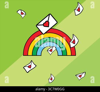 Liebesbriefe, die um einen Regenbogen schweben, vermitteln Zuneigung und Romantik Stock Vektor