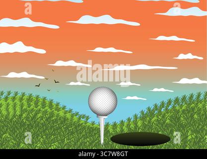 Golfball auf T-Shirt mit Sonnenaufgang und Vögeln fliegen über grünes Gras Stock Vektor