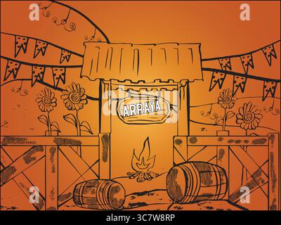 Eingang Festa junina arraiá mit Fahnen, Sonnenblumen, Fässern und Lagerfeuer dekoriert Stock Vektor