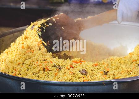 Reispilaw, ein schmackhaftes Gericht aus langkörnigem Reis, gekocht in gewürzter Brühe, Lammfleisch und gemischt mit Gemüse, Kräutern und Gewürzen Stockfoto