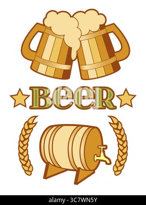 Biersymbole mit getoasteten Bierkassen, Holzfässern und Weizen Stock Vektor