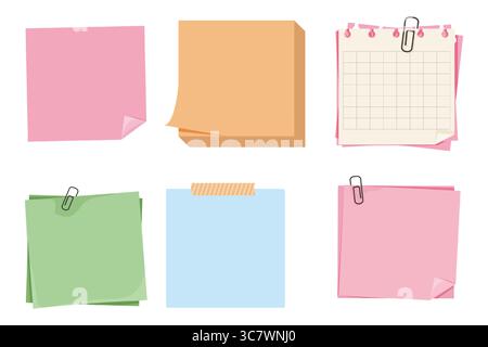 Notizblätter, Postitnotizen, zerrissene Etiketten und klebte Seiten. Klebrige Planer-Elemente, Checklisten und Listenpapier für Scrapbooking oder Schule. Vorlagensatz. Weiß- und Bastelpapier. Vektorabbildung Stock Vektor