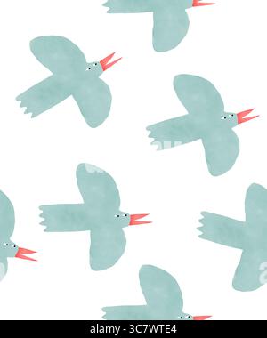 Hand Gezeichnetes Nahtloses Vektormuster Mit Blauen Vögeln. Hintergrundbild mit abstrakten Krähen isoliert auf einem weißen Hintergrund. Kindliche Zeichnung lustiger Vögel. Stock Vektor