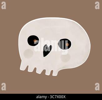 Niedliche Halloween-Karte mit weißem Skelettkopf auf braunem Hintergrund. Halloween Vektor Illustration Des Schädels Mit Nase Der Herzform. Halloween-Karte. Stock Vektor