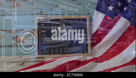 Auf der Tafel wird der Happy Presidents Day an einer türkisfarbenen Wand mit amerikanischer Flagge und HUD-Überlagerung dargestellt Stockfoto