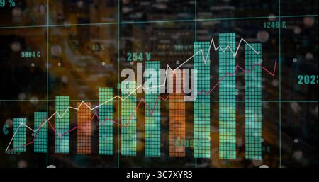 Anzeigen des Finanzdashboards in Hochhäusern mit Balken, Trendlinien und Währungssymbolen Stockfoto