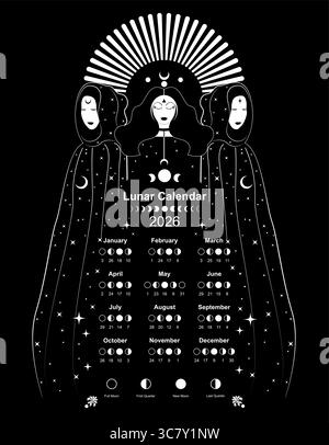 Wiccan Mondkalender 2026 und Mondphasen. Mondphasen und Zyklen, mystische Dreiergöttin, Priesterinnen. Gothic Witch Wicca Weibchen Sacred de Stock Vektor
