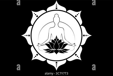 Lotus Mandala-Logo. Frau, die in Lotusposition sitzt und meditiert. Heilige Lotusblüte Symbol für Yoga, Spa, Schönheitssalon, Kosmetik, Stock Vektor