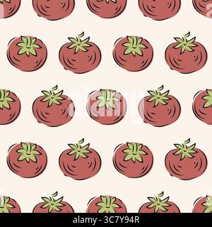 Vektor verspielte rote Hand gezeichnete Tomaten nahtlose Muster Hintergrund. Retro-malerische Tomaten im geometrischen Hintergrund. Vintage Küche Look. Retro rustikaler Charme Stock Vektor