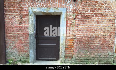 Rustikale Ziegelwand mit verwitterter Holztür in Steinrahmen Stockfoto