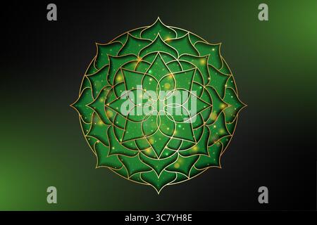 Heilige Lotusblume, grüne Blumenmandala, goldenes Design. Herz Chakra Blume Blüte Symbol für Yoga, Spa, Schönheitssalon, Kosmetik, entspannen, Markenstil. Stock Vektor