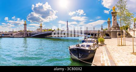 Berühmte Alexandre III Brücke über die seine, wunderschönes Panorama von Paris, Frankreich. Stockfoto