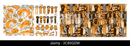 Niedliches Cat Paw-Element-Set. Nahtloser Hintergrund der Katzenpfote. Set süßer Katzen. Handzeichnung. Nicht AI, Vektorillustration Stock Vektor