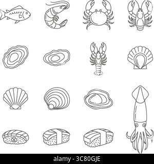 Seafood Icons Set Vektor, Fisch, Garnelen, Krabben, Hummer, Shell, Tintenfisch, Sushi, Auster, Muschel, Line Art, Marine Food Clipart, Simple Outline, Kollektion Stock Vektor