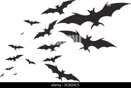 Fliegende Fledermäuse Silhouette Vektor, Schwarzer Clipart, Halloween Tierkunst, Nachthimmel, Spooky Flock, Einfache Umrisse, Natur Wildlife, Scary, Minimal Design Stock Vektor