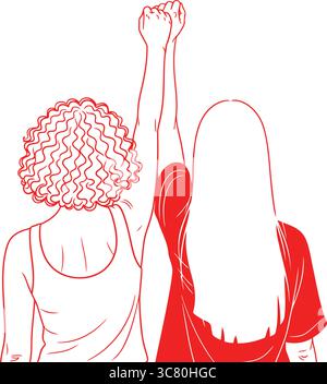 Frauen, Die Hände Hoch Halten Vektor, Weibliche Freundschaft Clipart Macht, Einheit, Unterstützung, Solidarität, Zusammen, Rückansicht, Outline Art, Feminismus, Empowerment. Stock Vektor