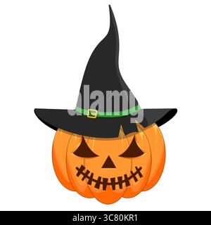 Halloween Kürbis mit Hexenhut und geschnitztem Gesicht auf weißem Hintergrund Stock Vektor