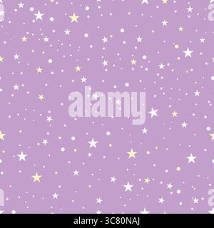 Nahtlose weiße gelbe Sterne mit hellem Fliederhintergrund Stock Vektor