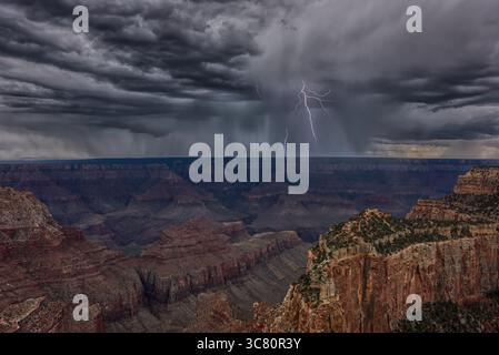 Gewitter und Blitze nähern sich dem Südrand des Grand Canyon, vom Cape Royal am Nordrand, Arizona, USA Stockfoto