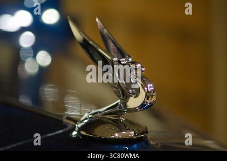 Chrom-Schwan-Kapuze aus einem 1940er Jahre Packard Automobil, stilisiert in anmutiger Art déco-Form. Stockfoto