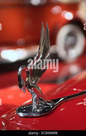 Stilisierte Vogelhaube aus einem amerikanischen Vintage-Auto, möglicherweise Packard oder Chrysler, in fließendem Art déco-Chrom-Design. Stockfoto