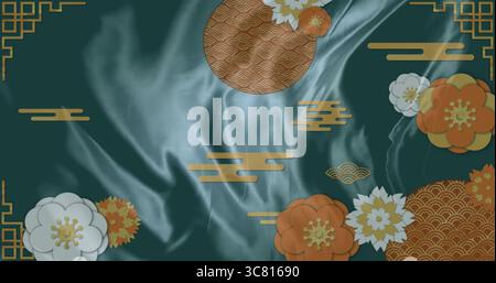 Mit digitalem Seidenleinen-Muster mit goldenen Wolkenmotiven, Wellenscheiben und orangefarbenen weißen Blumen Stockfoto