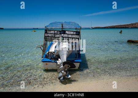 Rückansicht eines typischen Motorboots (bekannt als Pangas), das Besucher zur nahe gelegenen Isla Espírito Santo und Playa Balandra bringt. Stockfoto